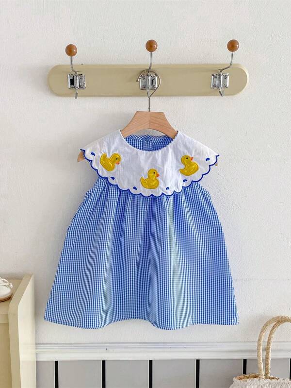 Toddler Girls' Summer Dress, Collar Design Blue & White Plaid With Yellow Duck Pattern