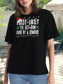 Camiseta divertida de reno atropellado para Navidad - Camiseta gráfica de talla grande para mujer - Conjunto familiar a juego para vacaciones - Top negro de manga corta - Negro - Ver 2