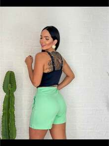 Cropped Top In Shiny Rhinestones With Strap And V-Neck Ballad - Black - View 3