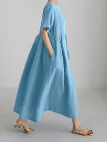 Đầm linen nữ dáng rộng, thanh lịch, đơn giản, thoải mái, tay ngắn, cổ tròn, màu trơn, dáng dài, thoải mái, thích hợp cho mùa hè. - Màu xanh lam - Xem 4