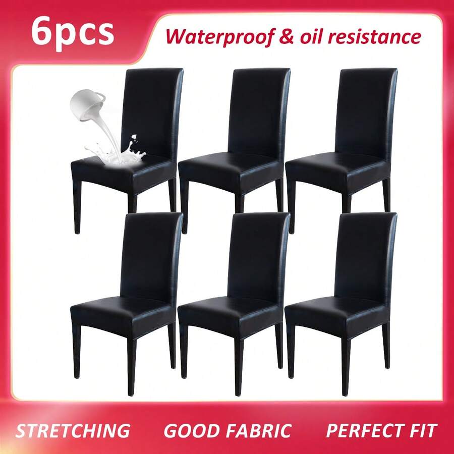 4/6pcs Faux PU Leather Solid Color Dining Chair Covers, Elastic Mid-Back Chair Slipcovers For All Seasons, Stretchy Soft & Removable For Office, Kitchen, Hotel, Home Decor