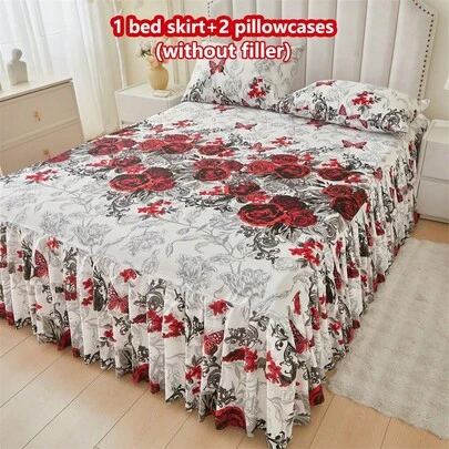 3件套亲肤柔软花卉印花床裙套装（1件床裙+2件枕套），吸湿排汗透气，抗皱，安静，适合所有季节，优雅印花设计，时尚外观，适用于卧室和酒店