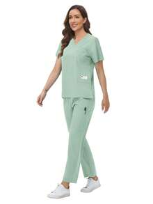 Set Seragam SPA Wanita, Atasan Lengan Pendek Lembut dan Bernapas dengan Bahan Matte dan Celana Panjang Lurus, Cocok untuk Ahli Kecantikan, Teknisi Kuku, dan Perawat - Mint Green - View 3