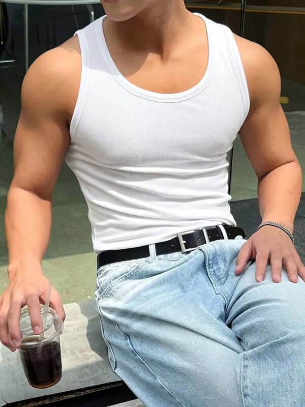 Chaleco ajustado de hombre, ropa de fitness con costuras, camiseta deportiva sin mangas con alta elasticidad y unicolor americano