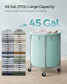 SONGMICS Laundry Basket With Wheels, Rolling Laundry Hamper, Round Laundry Cart With Steel Frame And Removable Bag, 4 Casters And 2 Brakes - 薄荷綠和金屬銀 - 查看 2