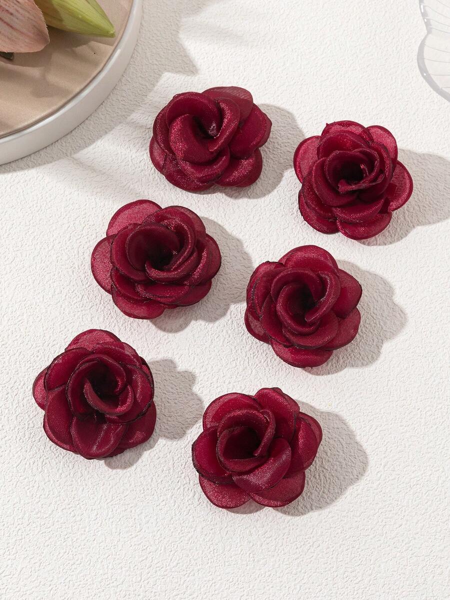 6pcs Cute Rose Flower Hair Clips, Suitable For Daily Wear And Holiday - Burgundy - View 1
