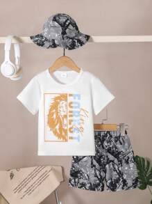 3pcs/Set Young Boys Casual Round Neck Letter & Lion Print Short Sleeve T-Shirt And Cargo Shorts Set, Suitable For Summer Casual Outdoor