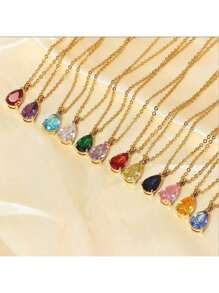 18K Gold Plated December Birthstone 7-Color Pear Zirconia Copper Pendant + Stainless Steel Gold Necklace, Christmas, Birthday, Valentine's Day Gift