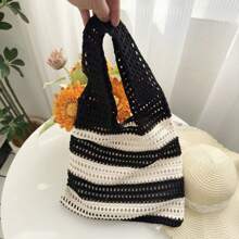 1 New Luxury Crocheted Tote Bag For Women, Open Weave Black & White Striped Contrasting Color Large Capacity Foldable Beach Bag, Suitable For Summer Beach Travel And Single's Party Gifts