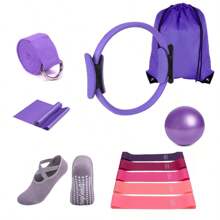 11 pièces Ensemble d'anneaux Pilates - Équipement de fitness à domicile pour femmes - Élastique de résistance pour hanches, équipement d'étirement, ballon de fitness mini Pilates/Yoga, chaussettes de yoga, bande d'étirement, feuille de renforcement, avec poche à cordon. Convient pour les exercices à domicile des jambes, des bras et des cuisses, etc.