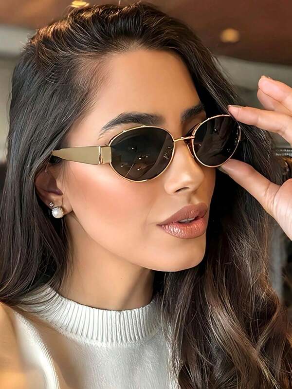 1pc Retro Oval Metal Frame Sunglasses, Versatile Design Suitable For Summer Beach Trips