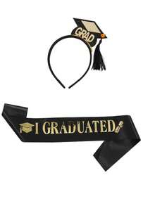 2 件 - 2025 届毕业肩带和“毕业”头带套装，派对装饰，毕业头带和肩带，用于祝贺毕业派对用品学士帽头带配博士帽黑色腰带缎面流苏头饰，用于毕业派对装扮照片，节日狂欢节装扮派对用品 - 黑色 - 查看 16