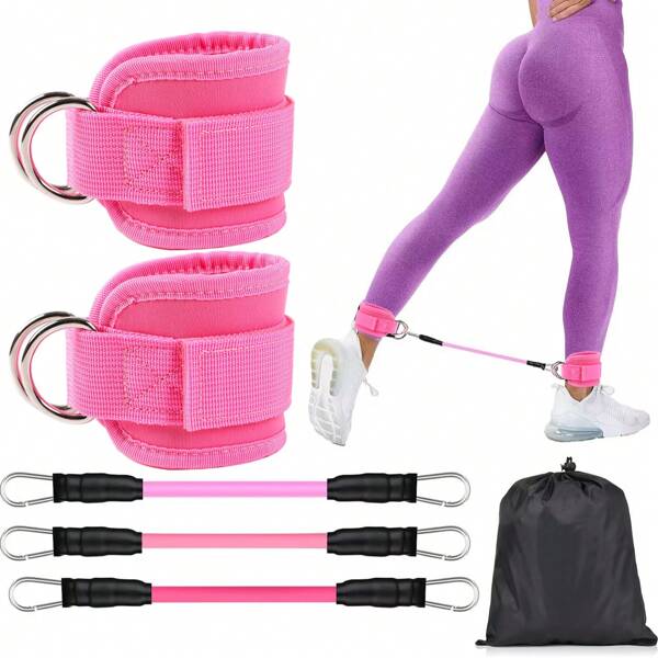1pc/6pcs Set Ankle Resistance Bands With Adjustable Fastening Strap For Leg & Butt Workout, Ankle Strap (Colour Of Resistance Band And Metal Rings Is Random)