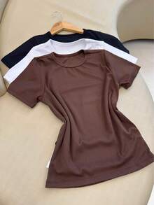 Kit 3 Women's Ribbed Blouses Baby Tee Basic Short Sleeve Babylook Colors  2025 - Brown/Black/White - View 4