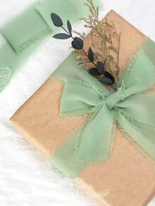 1/3卷鼠尾草绿手工雪纺丝带，DIY手工流苏面料，礼品包装雪纺丝带，1.5英寸 x 21码毛边丝带，适用于婚礼请柬、新娘捧花、礼品包装、DIY手工、蝴蝶结制作、派对装饰 - 淺綠色 - 查看 8