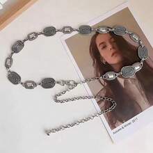 1pc Metallic Gold Colored Floral Engraved Waist Chain For Women - Silver - View 18