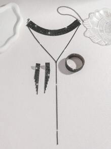 Conjunto de 4 piezas de joyería de lujo con colgante, aretes y pulsera con cristales negros y borlas, un regalo perfecto para estudiantes, parejas, novias o uso diario. Joyería versátil y elegante.