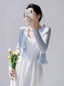 Lightweight Ruffle Tie Front Knitted Cardigan For Women, Summer Cover Up Short Top