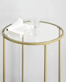Mesa Auxiliar Redonda, Mesita de Noche de Cristal con Marco de Acero, Mesa de Centro Pequeña, para Salón, Balcón, Decorativo, Dorado y Transparente - Dorado - Ver 3