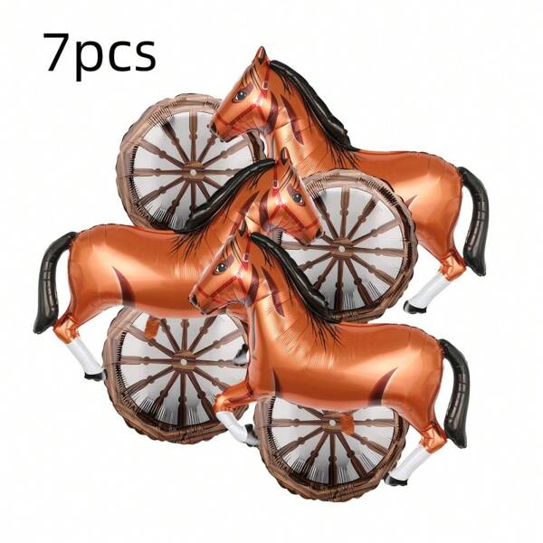 7pcs Western Cowboy Theme Horse Carriage Wheel Aluminum Foil Balloon Set, Irregular Brown Horse & Carriage Wheel Aluminum Foil Balloons, Suitable For Birthday Party, Theme Party, Anniversary, Equestrian Race, Retro, Outdoor Events, Holidays Decoration