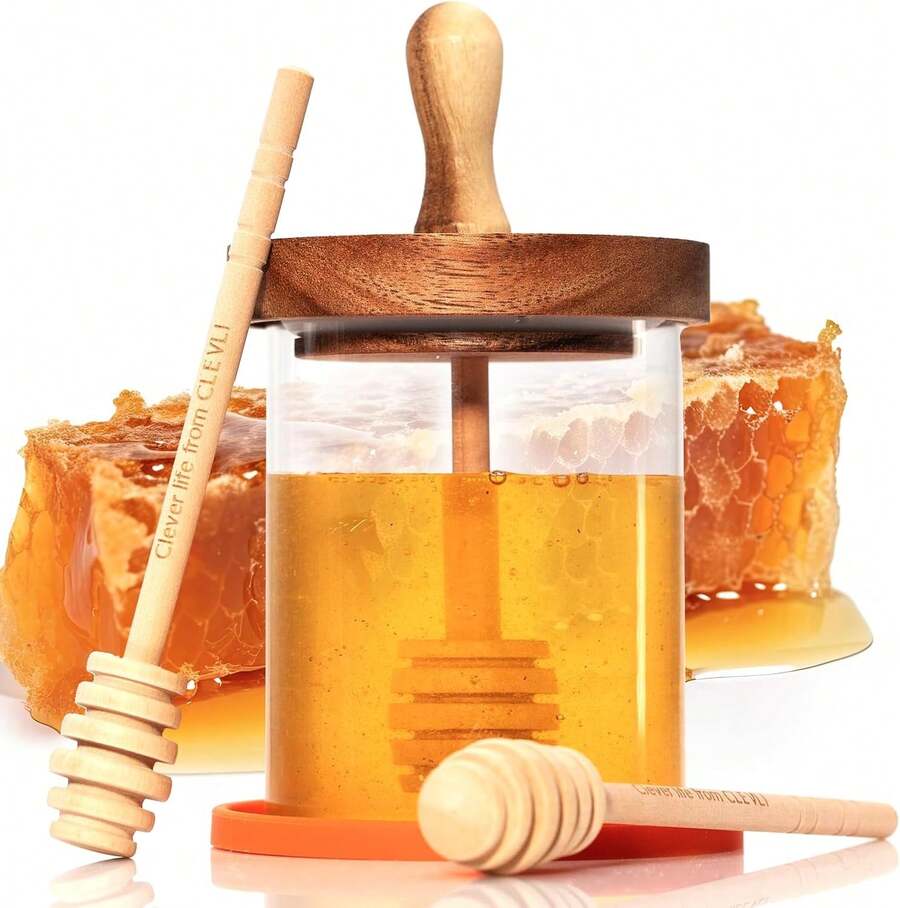 CLEVLI Honey Dispenser – No Drip Glass With Stand – Honey Jar – Clear Glass Honey Container With Dipper 8 Oz – Maple Syrup Dispenser – Honey Pot With Stand – Honey Bottle With Flip Top Lid - Wood - View 1