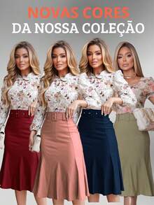 Saia Feminina Moda Social Secretária Com Elastano E Cinto.