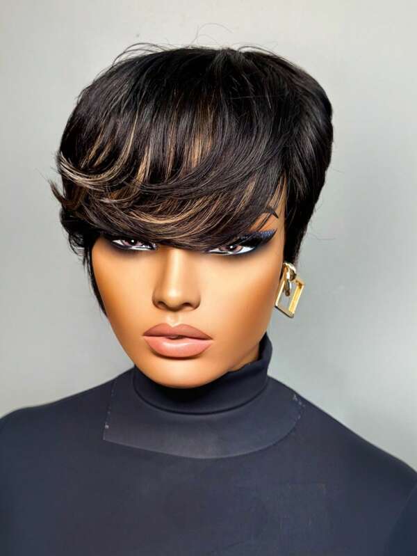 Short Wig Human Hair Black With Brown Color Pixie Cut Wig For Human Hair Multicolor Short Layered Wig Hair Replacement Wig For Daily Use Glueless Human Hair Short Wig For With Bangs None Lace Front Haircut Wigs