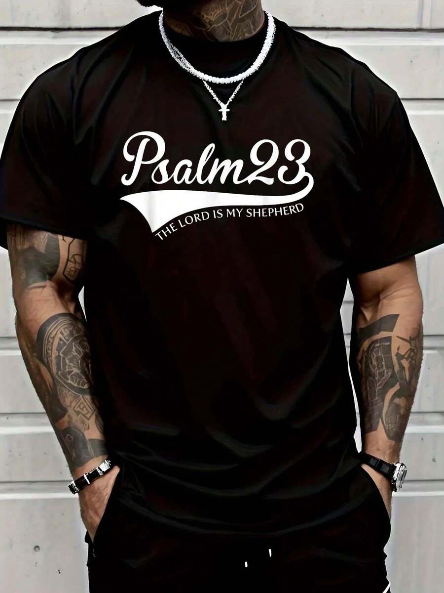 100% Cotton Shirt Black Psalm 23 The Lord Is My Shepherd, Christian, Bible Verse T-Shirt Men Shirt - Black - View 1