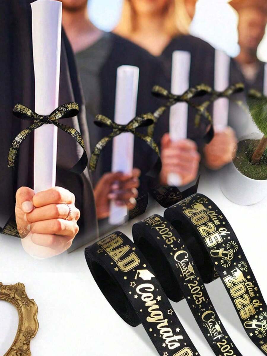 14.76ft / 5m Graduation Decorative Ribbon, Black & Gold Congratulation ...