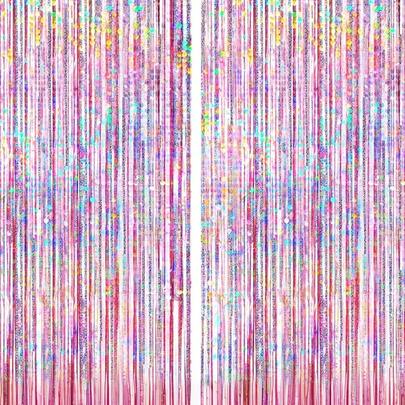 2pcs Silver Foil Fringe Curtains, Shiny Metallic Pink Background, Suitable For Decorating Birthday, Wedding, Party, 70s, 80s, 90s Disco Theme, Bachelorette Party, Rainbow Party, Winter Christmas Decor