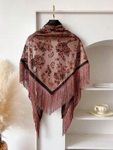 1 pezzo Sciarpa triangolare con stampa floreale e nappe, adatta per abbinamenti casual e da strada con abiti