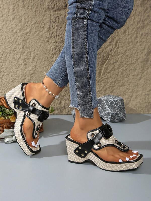 Bohemian Style Thick Bottom Wedge Heel Sandals, Elegant Party Minimalist Solid Color Summer Open Toe Slide Sandals, Women Platform Sandals, Weave Heel Flat Thong Sandals
