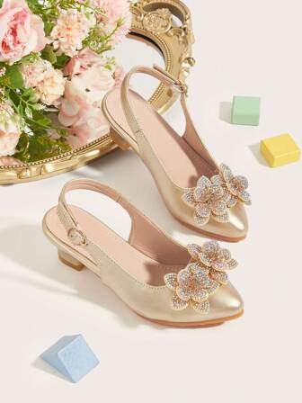 1 Pair Girls Middle & Small Kids' Rhinestone Floral PU Leather Pointed Toe High Heel Party Shoes, Elegant Fashion Versatile New Design, Suitable For Spring, Summer, Autumn