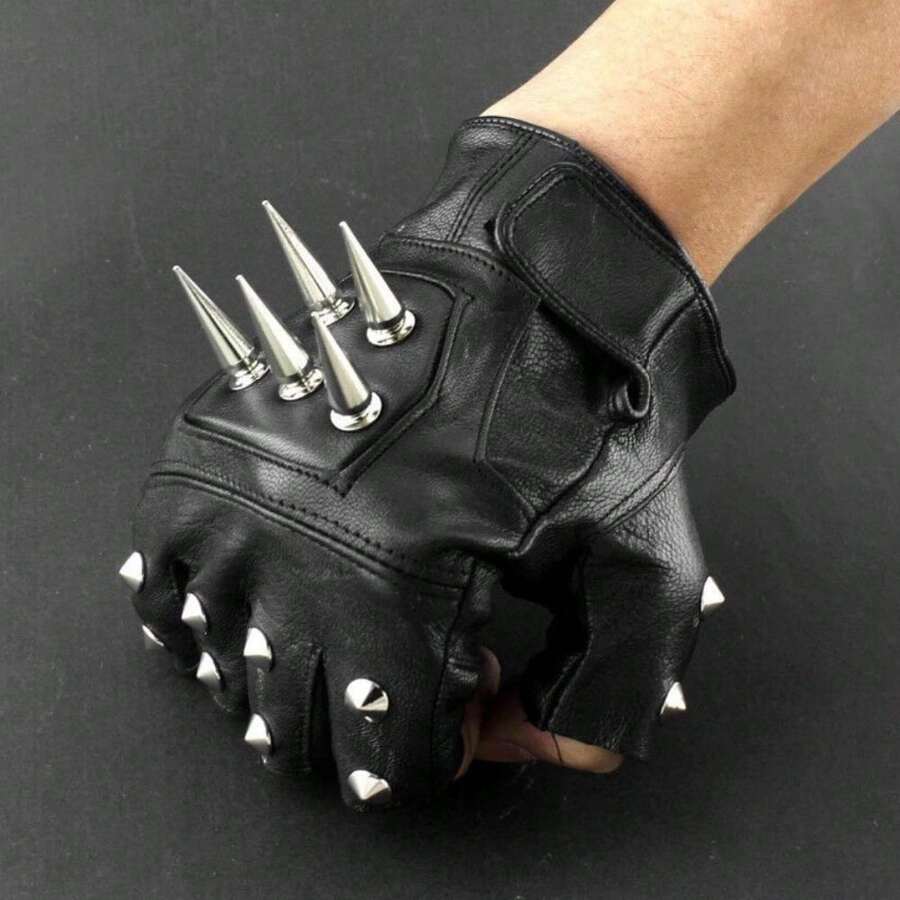 Mens Leather Spike Stud Punk Rocker Driving Motorcycle Biker Fingerless Gloves