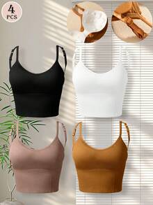 4 piezas Blusas tipo camiseta sin costuras, con tirantes ajustables, versátiles para interiores/exteriores como camisetas interiores - Multicolor - Ver 1