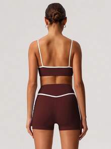 Sodalemon Women Workout Set Color Block Sport Bra No Front Seam Cycling Outdoor Fitness Shorts Gym Training Sport 2pcs Set - Red Violet - View 3