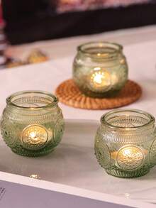 6个复古玻璃烛台，绿色玻璃茶蜡烛台，适用于婚礼餐桌装饰、新娘送礼会、派对装饰、波西米亚风茶会装饰、婚礼派对宾客礼物 - 綠色 - 查看 3