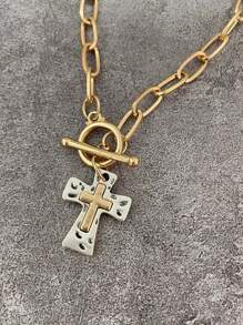 1PC Retro Boho Cross Pendant Necklace Chunky Statement Pendant Necklace For Women Unique Silvery Golden Chain Necklace Religious Christian Cross Daily Party Jewelry Gift For Her