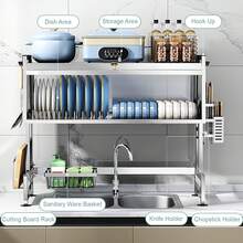 Escurridor de Trastes sobre Fregadero,Escurridor de Trastes con Puerta,Escurridors Trastes sobre Fregadero 2 Niveles,33.5''Escurreplatos sobre el Fregaderos,para Secado y Almacenamiento con Soporte - 1 - Ver 7