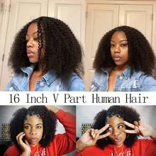 V Part Human Hair Wigs Afro Curly Minimal/No Leave Out Upgrade U Part Wig For  Women V Shape Kinky Curly Thin Part Glueless Clip In Half Wig 180% Density Natural Color