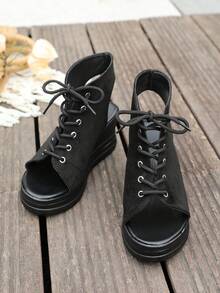 Women's Summer Preppy College Bohemian Goth Style Peep-Toe Platform Wedge Heel Casual Vacation Roman Sandals - Black - View 9