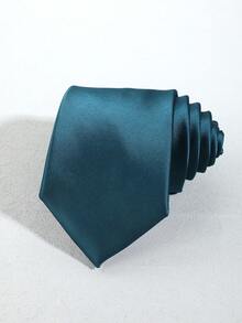 1pc Versatile Minimalist Teal Solid Woven Tie - Teal Blue - View 7