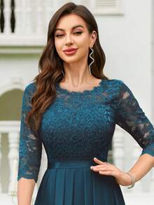 MIUSOL 花卉蕾丝雪纺荷叶边长款连衣裙，优雅女士礼服，正式礼服，适合婚礼宾客、毕业典礼、晚宴及其他春季场合。 - 霧霾藍 - 查看 9