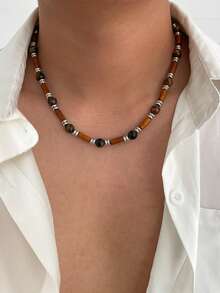 1 件波西米亚风格木珠项链，男士休闲配饰 - 棕色 - 查看 1