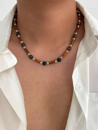 1pc Bohemian Style Wooden Bead Necklace, Men's Casual Accessory