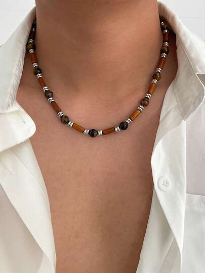 1pc Bohemian Style Wooden Bead Necklace, Men's Casual Accessory