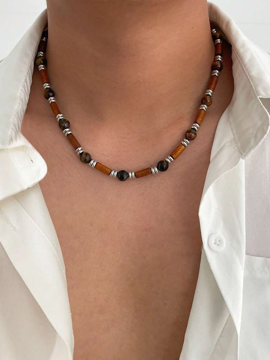 1 件波西米亚风格木珠项链，男士休闲配饰 - 棕色 - 查看 1