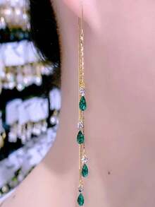 1 Pair Fashion Rhinestone Water Drop Long Tassel Ear Chain Earrings, Versatile Personalized Design For Women - Multicolor - View 7