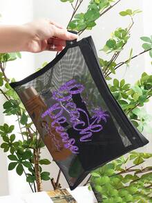 Transparent Mesh Makeup Bag With Beach Letters Pattern, Portable Storage Bag, Makeup Bag, Skincare Bag, Jewelry Organizer,Lip Oil Organizer,Nail Polish Organizer Makeup Bag Storage Makeup Organizer Makeup Case,Travel Essentials, Cruise Essentials Dorm Essentials,Home Decor,Bathroom Livingroom Bedroom Decor,Bathroom Organizer,Wedding Bridesmaid Gifts,Mom Gifts,Birthday Gifts,Gifts For Friends And Teachers,Vacation Gift - Black - View 4