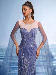 GIFORU Impresionante vestido de noche azul marino bordado con detalles de lentejuelas y capa fluida - Vestido formal elegante para bodas, galas y ocasiones especiales, vestido de fiesta, para invitados de boda - Neblina azul - Ver 2